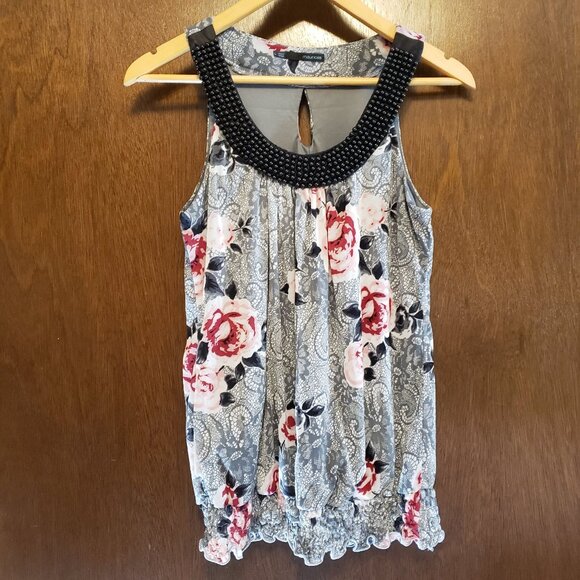 Maurices Rose and Lace Print Beaded Sleeveless Blouse - Picture 1 of 7